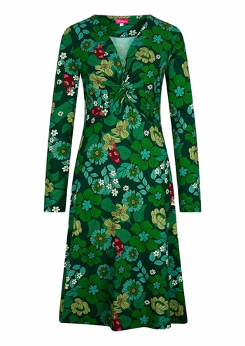 Flot stor blomstret retro kjole med grøn bundfarve, twisted med en lille knude foran samt lange ærmer fra Tante Betsy